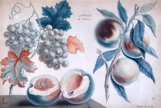 Francois Roubillac (1702-1762). A set of four framed coloured engravings of fruits 7.5 x 11.5in.